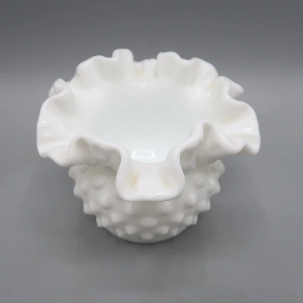 Fenton White Hobnail Ruffled‎ Edge Milk Glass Rose Bowl Vase 3